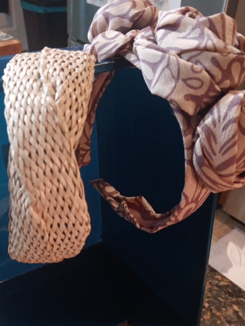 Woven Natural Straw Headband and Mauve Patterned Fabric Headband Set